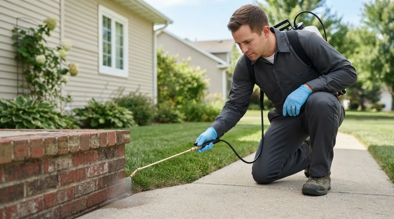 Pest control technician treating a home near Northville, NY